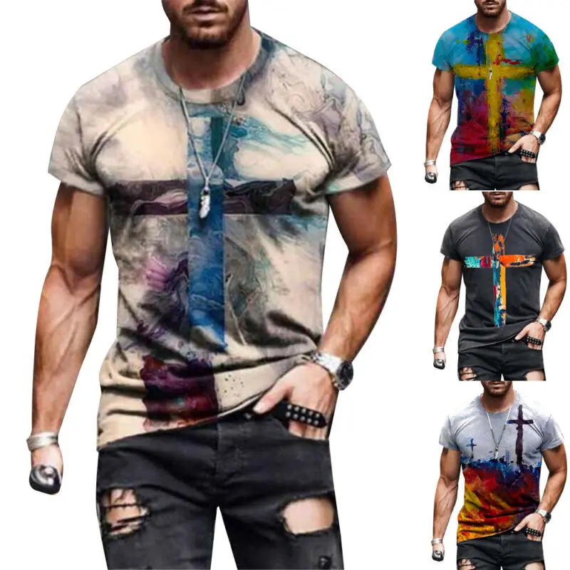 

Mens Loose Cross Muti Printed Casual Tee Tops Short Sleeve T-Shirts Summer Beach