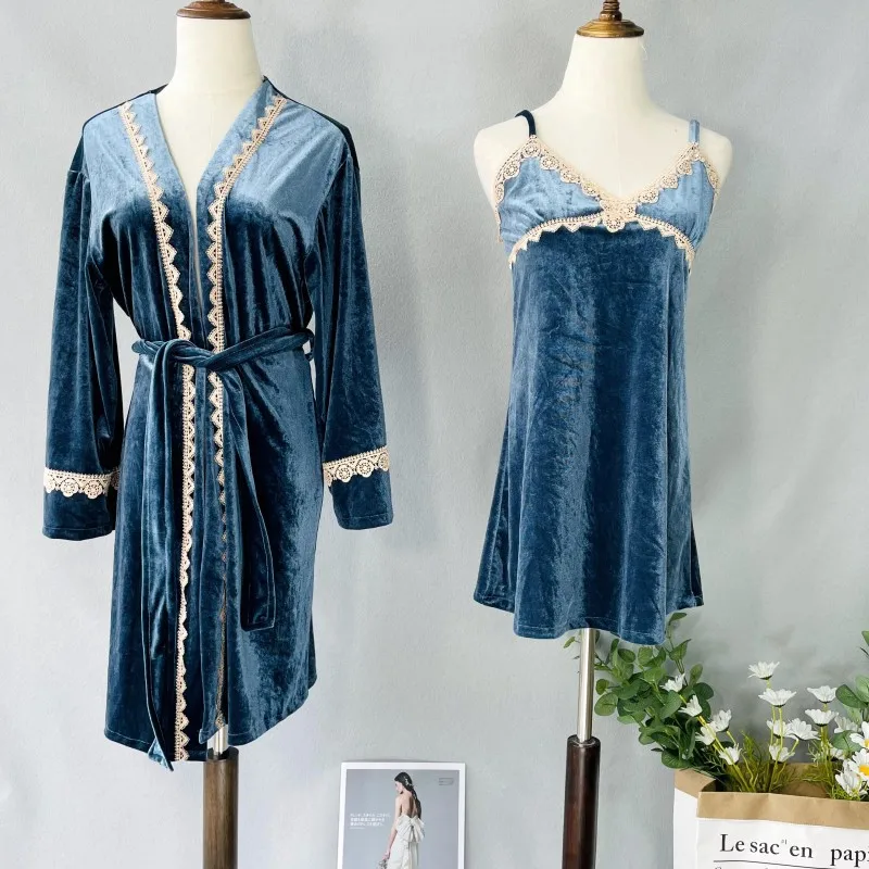 

Women Velvet Kimono Bathrobe Gown Wedding Robe Set Sexy Lace Sleepwear Nightgown Autumn Suspender Nightdress Suit Home Clothes