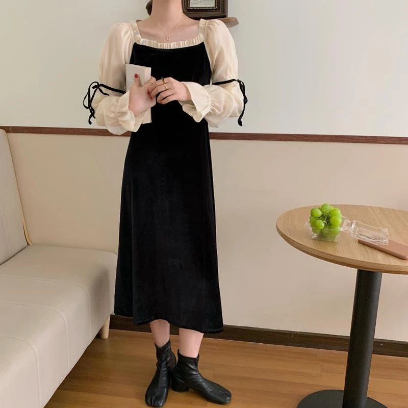 

2021 New Retro Women Dresses Square French Collar Patchwork Long Sleeves Autumn Mid-Calf Elegant Cotton Vestidos