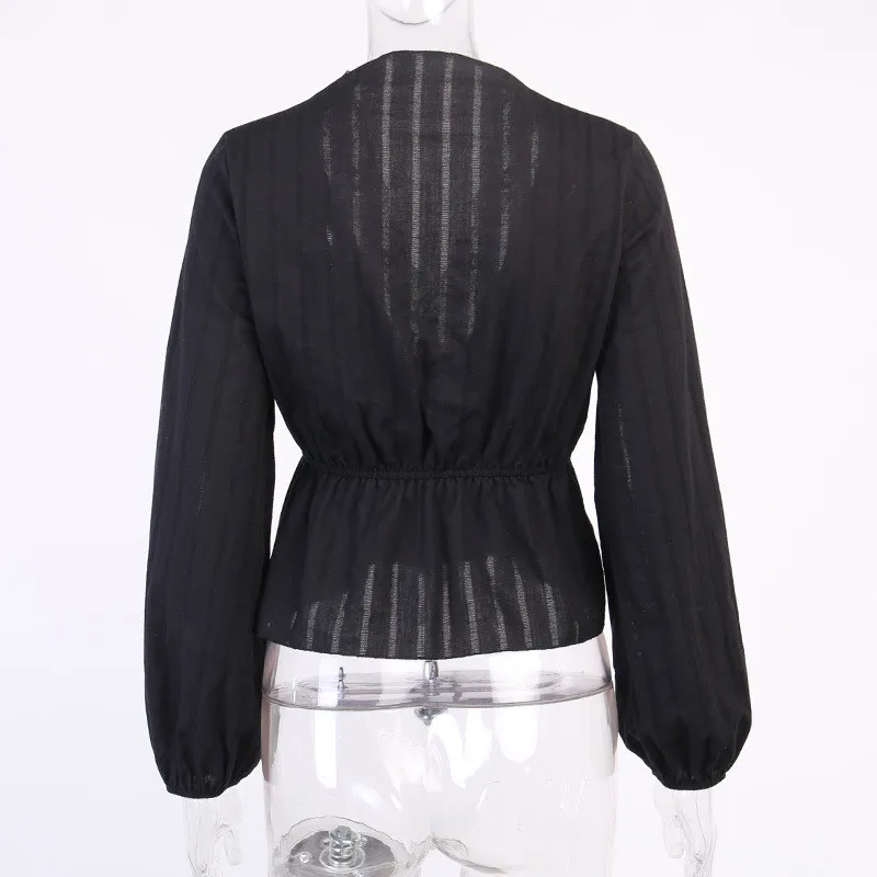 

CHRONSTYLEShirts 2021 Fashion Striped Sexy V-neck Lace Trim Blouses Woven Solid Lace-Up Lantern Sleeve Lace Shirt Spring Autumn