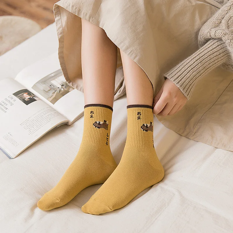 

Kawaii Women's Socks （5 pairs） ins Japanese trendy socks Ladies mid-tube cotton socks Harajuku style embroidered couples
