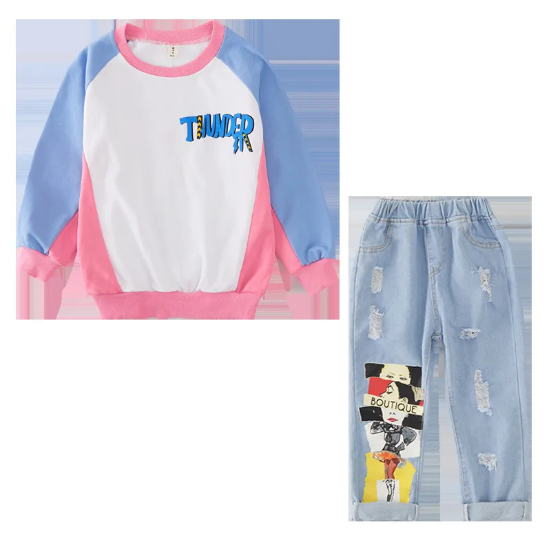 

New Arrival 2020 Children Sports Suits for girls Human avatar Sweatshirt + jean Clothing Set Fall Winter girls Tracksuit