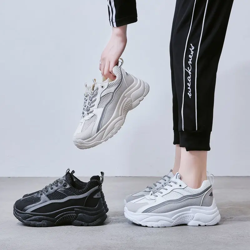 Новинка; женские дышащие кроссовки; женские кроссовки на танкетке; zapatos De Mujer; Повседневная обувь со светоотражающими элементами