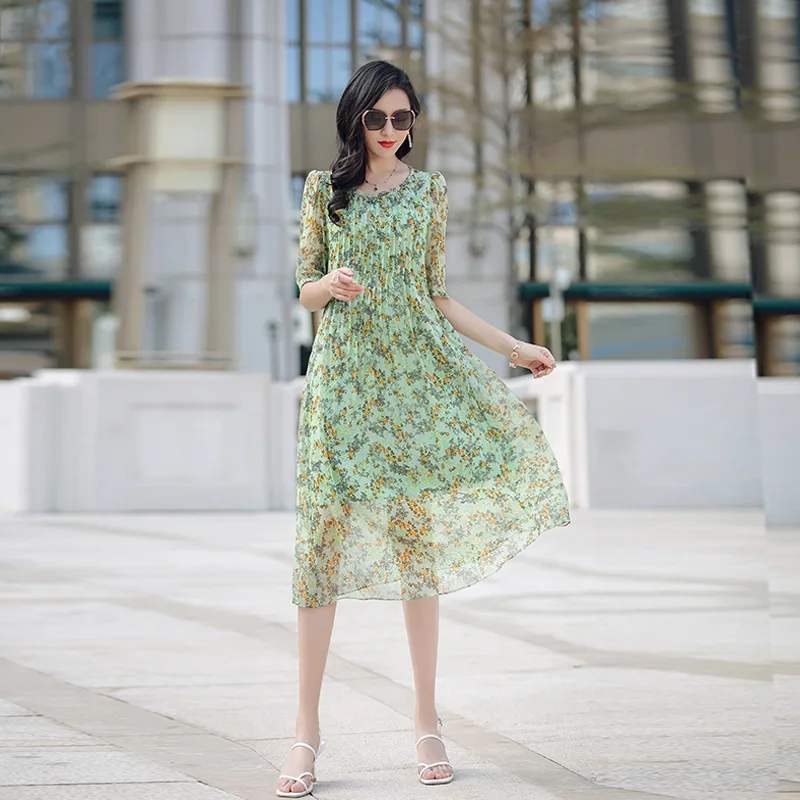Floral Print Dress M-3XL For Women Summer 2022 New Round Neck Half Sleeves Loose Lace-Up Waist 100% Silk Elegant Dress