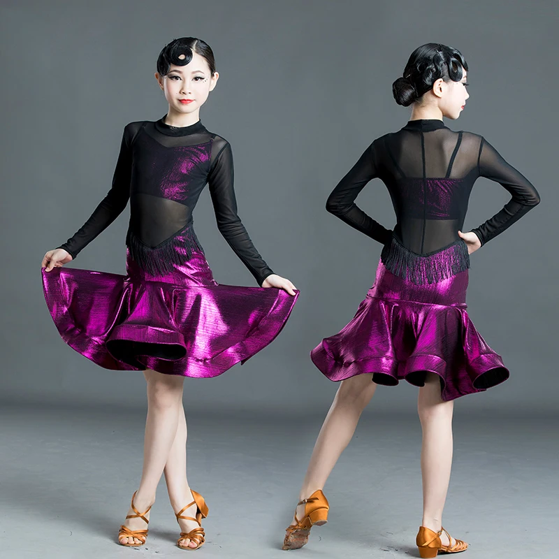 

2020 платье для латинских танцев для девочек, платье с длинными рукавами, Детские платья для соревнований по латиноамериканским танцам для са...