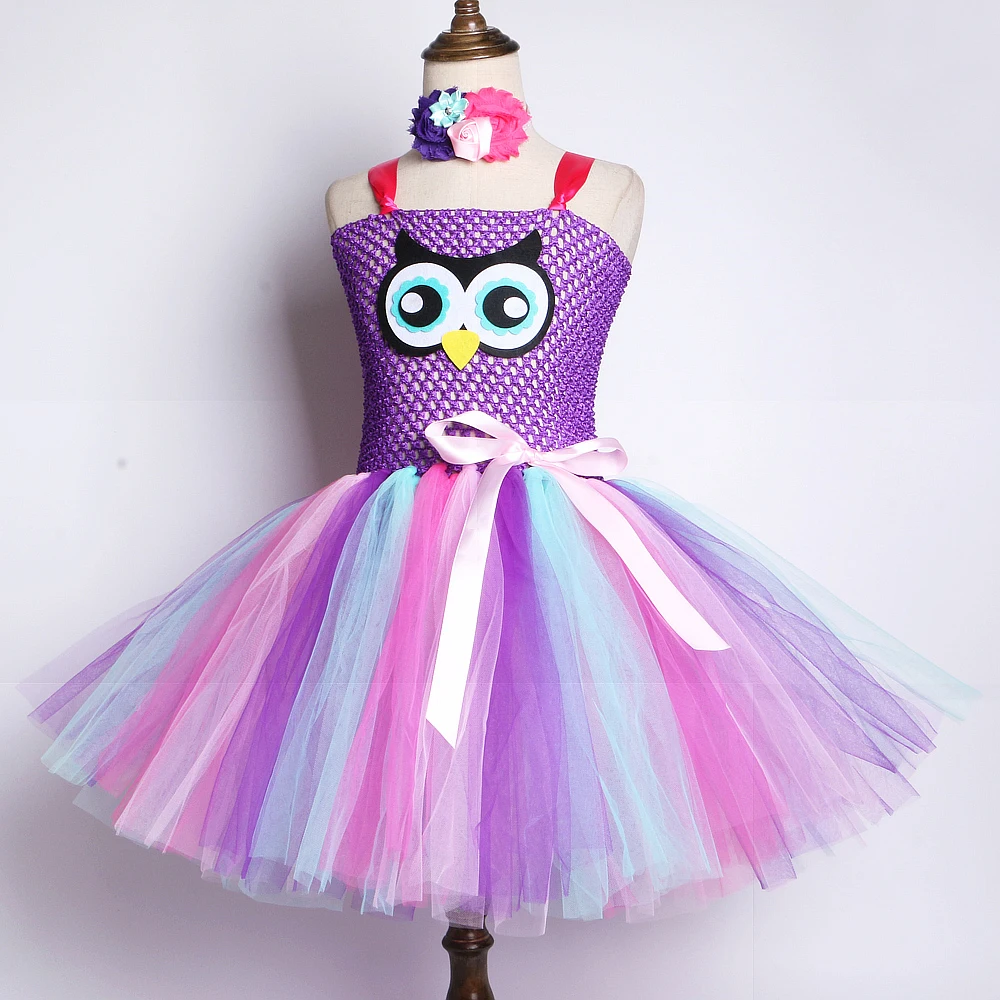 Cute Owl Children Dresses Girls Cartoon Costume for Halloween Party Kids Animal Tutu Dress with Flowers Headband Outfits | Детская