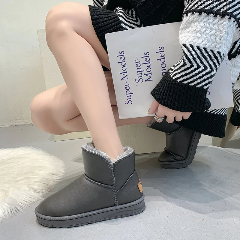 

2021 Winter New Women's Nude Boots Solid Color Round Head Flat Heel Non-lace Slip-on Outdoor Non-slip Comfortable Casual Boots