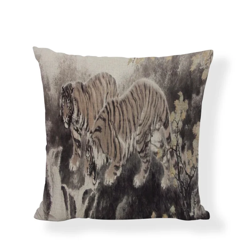 Promotional Ink Color Tiger Pattern Cushion Cover Linen 45*45 CM Simple Fierce Style Pillowcase Furniture Sofa Decoration | Дом и сад