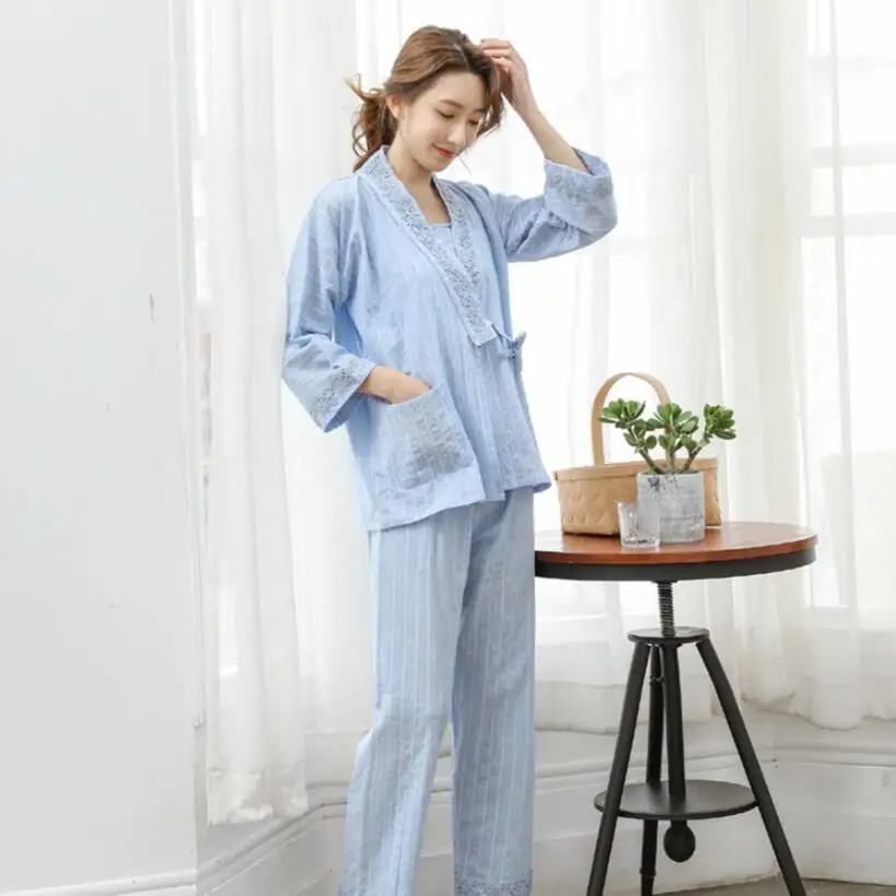 Spring and Summer Pure Cotton Kimono Pajamas V-Neck  Pijama Mujer Loungewear Women 3 Piece Sleepwear