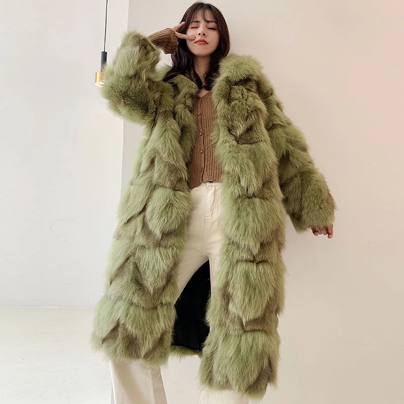 Women's Thick 100% Real Fox Fur Long Warm Long Sleeve Loose Overcoat Winter Warm Real Fox Coat