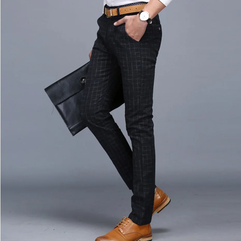 Клетчатый мужской костюм штаны похудания форма синий Pantalon Homme летнее платье