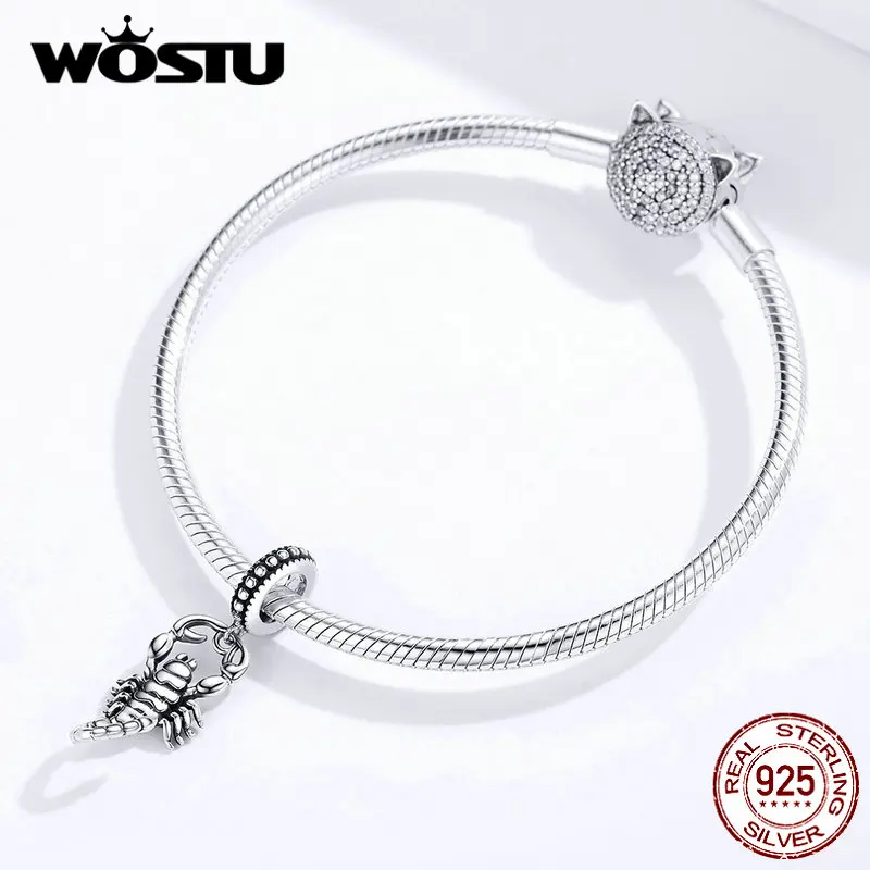 WOSTU, настоящее 925 пробы, Серебряный Скорпион, Висячие Подвески, бусины с созвездием, подходят к оригинальному браслету, подвеске, ювелирному изготовлению, FIC1329