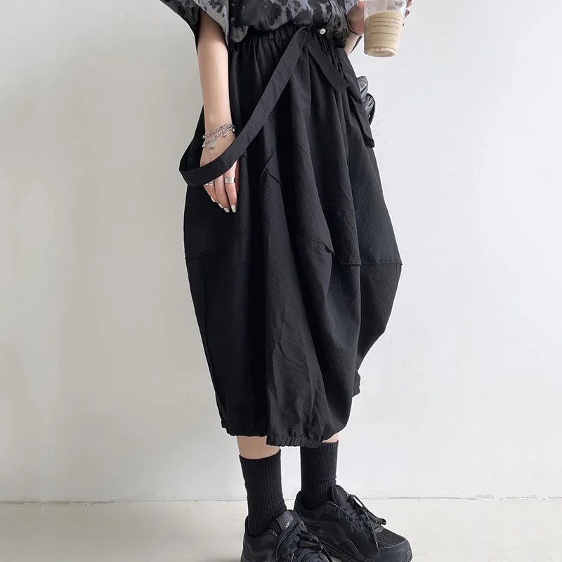 

Pure Color Strap Elastic Waist Skirt Pocket Pleated Summer New Loose Daily Casual All-match Skirt Pleated FS230