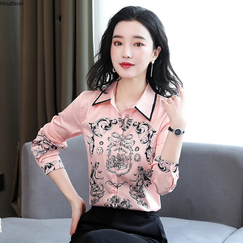 

Silk Women's Blouse Polo Girl's Shirt Summer Fashion Plus Size Long Sleeve Top Print Loose Casual Retro Lady Blusas Houthion