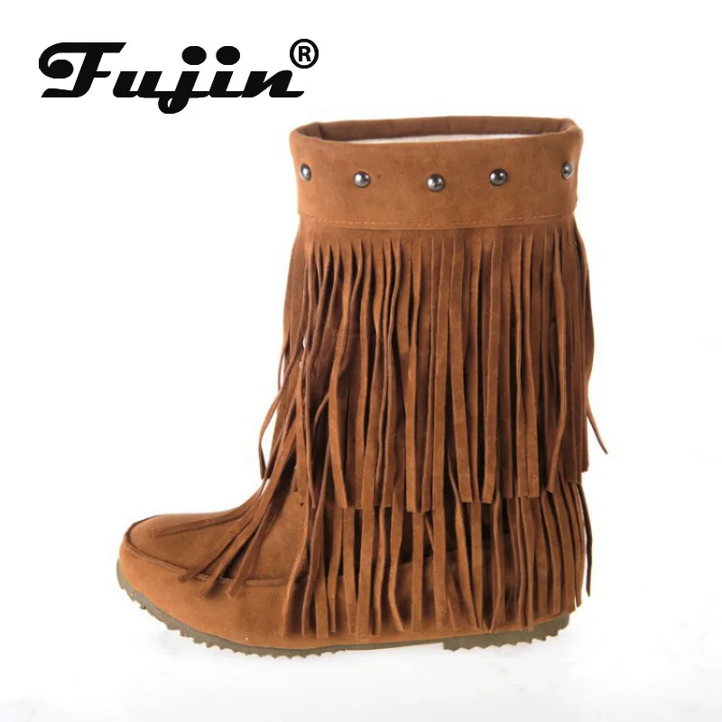 Fujin/Лидер продаж Ботинки с бахромой Мокасины на низком каблуке кисточками