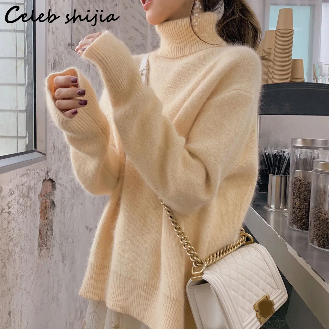 

Pink Cashmere Jumper Woman Sweater Turtleneck Soft Autumn Long-sleeve Sweet Knit Pullover Loose Korean Cropped Sweater Winter