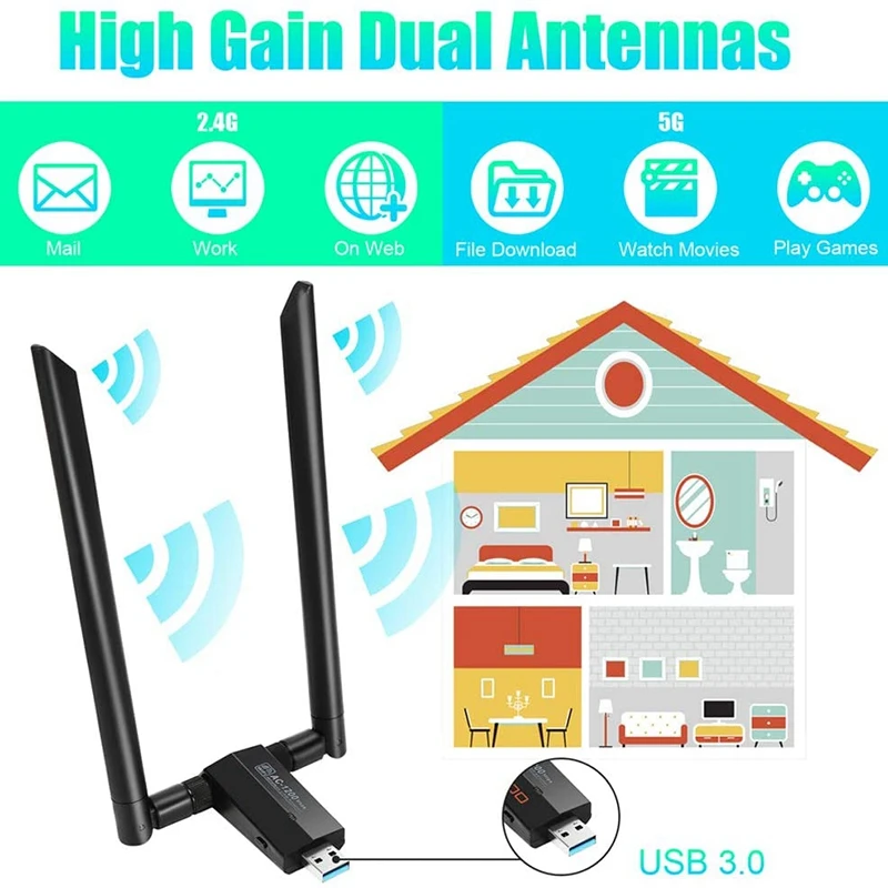 WiFi адаптер 1200 Мбит/с двухдиапазонный 5 8 ГГц/2 4 ГГц ключ USB 3 0 Антенна для ПК Windows