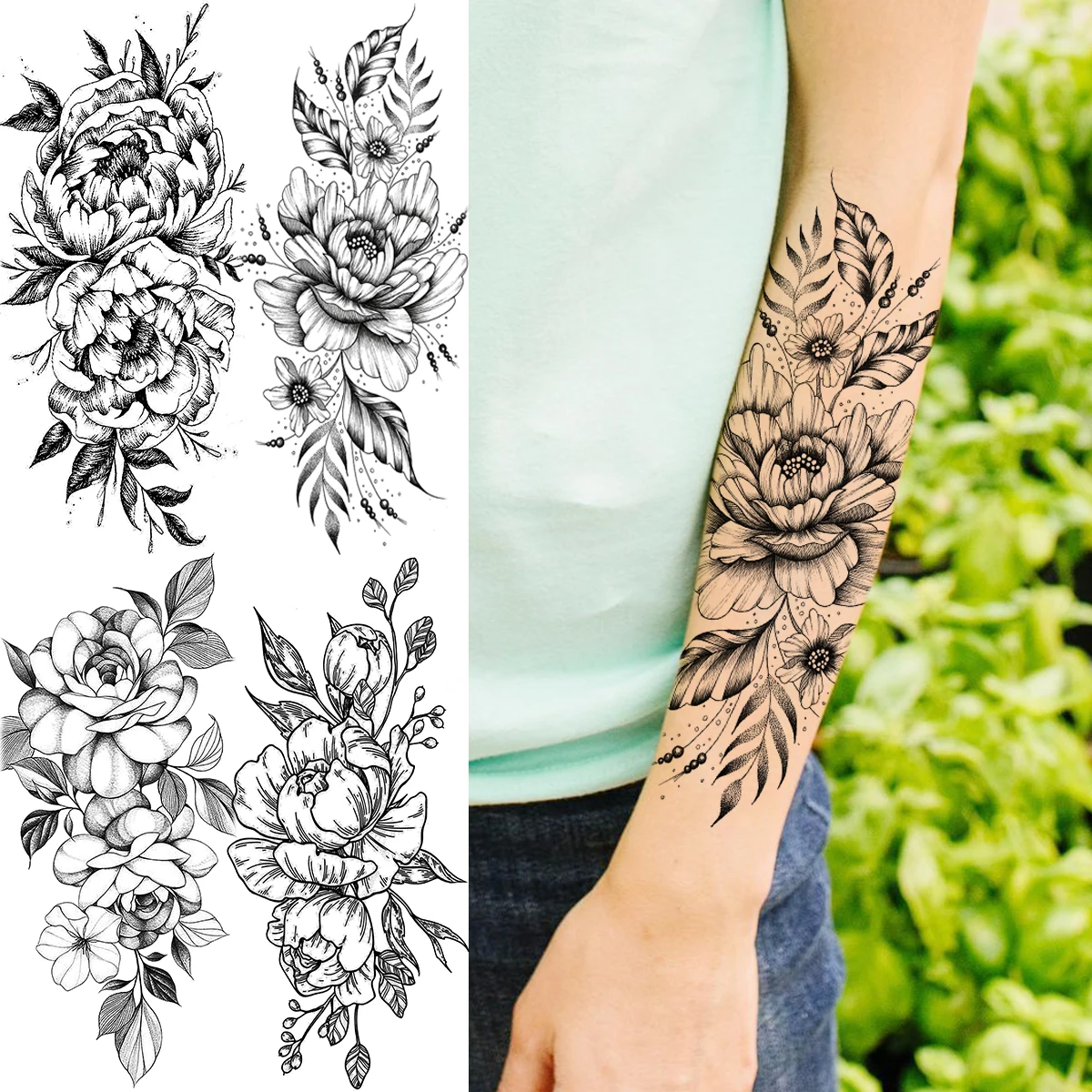 

3D Realistic Peony Flower Daisy Temporary Tattoos For Women Adult Girl Rose Fake Tattoo Waterproof Body Art Thigh Tatoo Decal