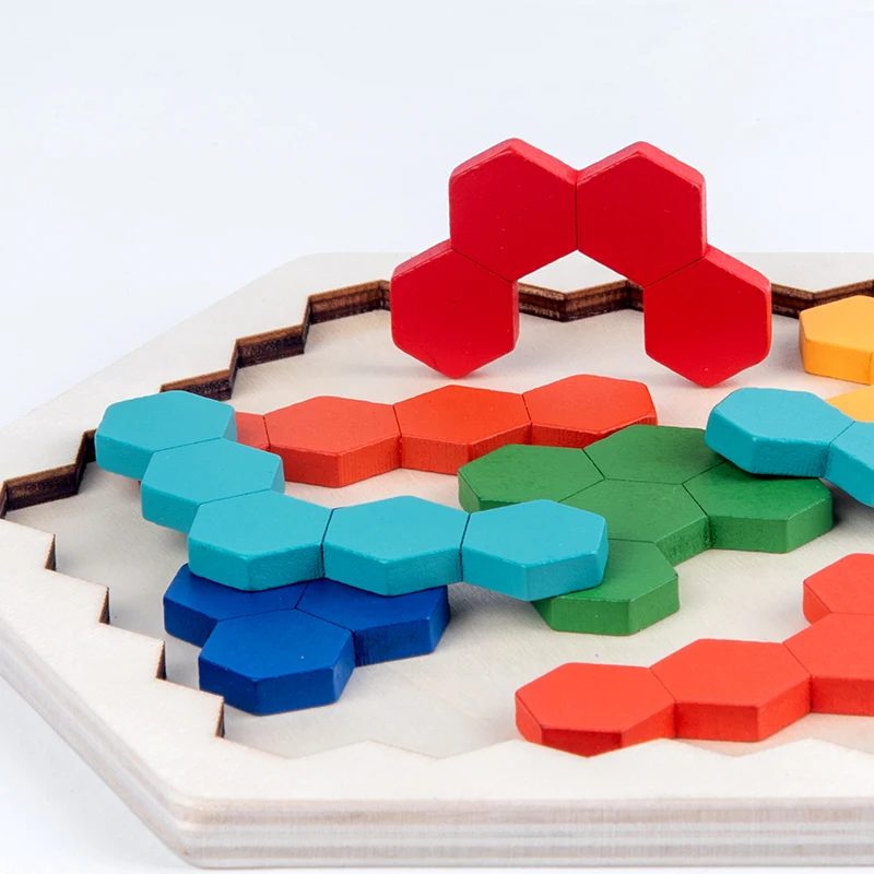 

Wooden Jigsaw Puzzle IQ Game Intelligent Tangram Brain Teaser Desktop Educational Geometry Children Hexagon Kid Adult Toy Gifts