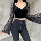 Женский кружевной топ Goth, готический укороченный Топ с длинным рукавом и V-образным вырезом, Элегантная черная футболка в стиле ретро, весна 2019
