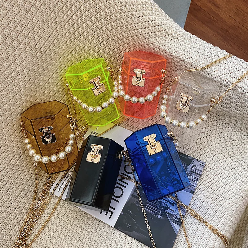 

Pearl Chains Fashion Hexagon Clear Acrylic Women's Handbag 2021 Designer Transparent Evening Jelly Bags Female Mini Bag Purses
