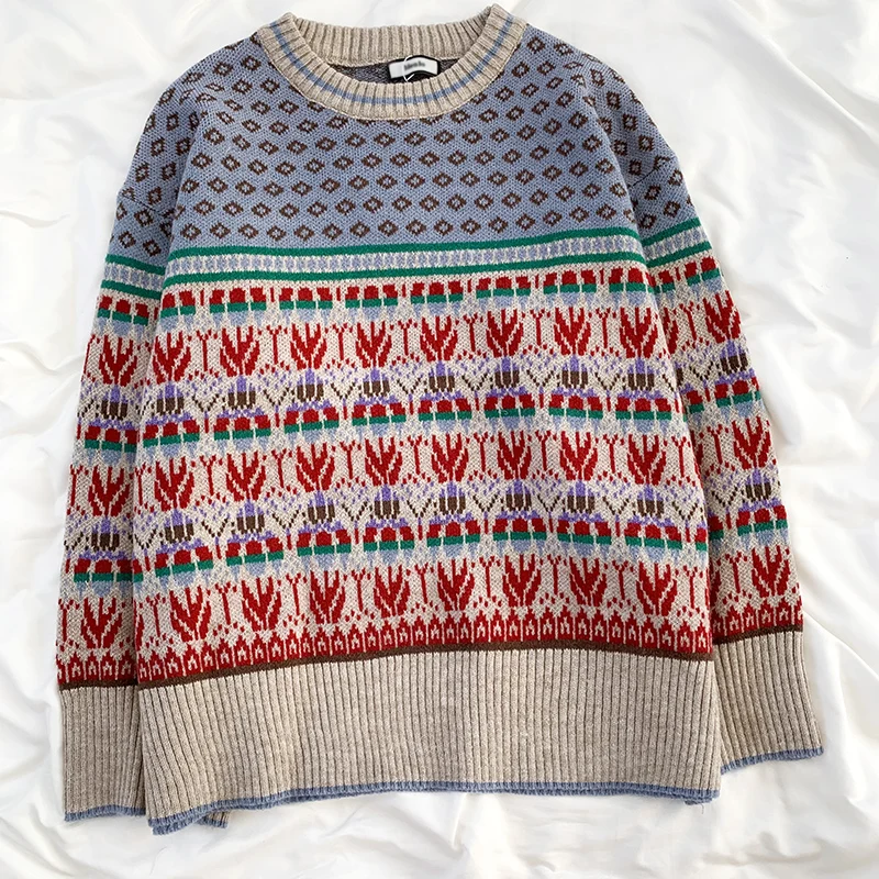 

Retro Korean style contrast color jacquard winter round neck loose thick warm knitted sweater