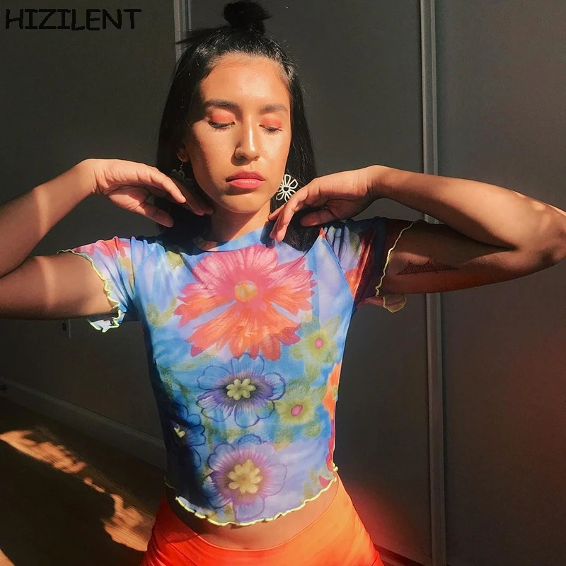 Цветочный принт Топ y2k детская модная футболка прозрачной сетки для женщин в