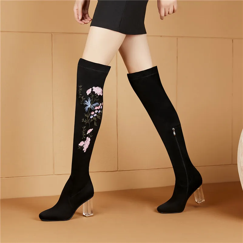 Dilalula Real Kid Suede Leather Embroider Women Knee High Boots 2021 Winter Square Heels Zipper Party Office Shoes Woman | Обувь