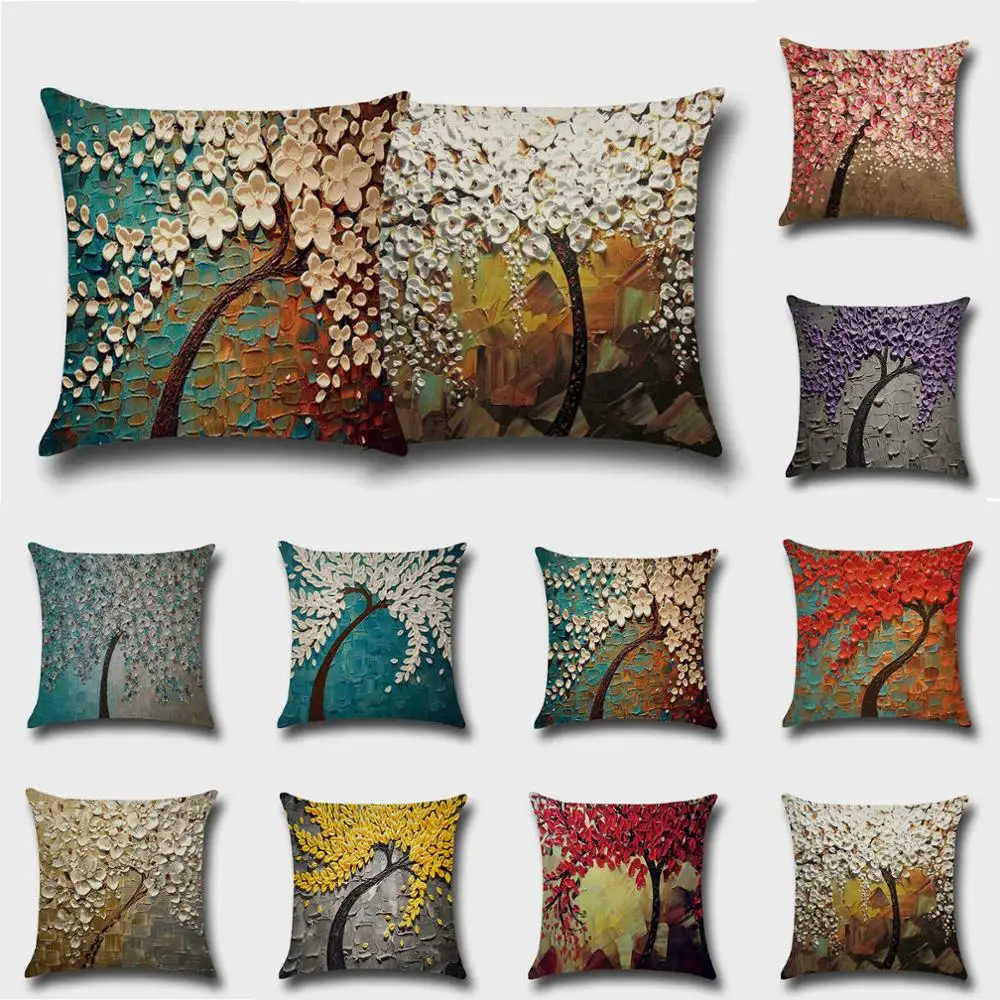 

Floral Cushion Cover Vintage Flower Pillow Case Mural Yellow Red Tree Cherry Blossom Home Decorative Throw