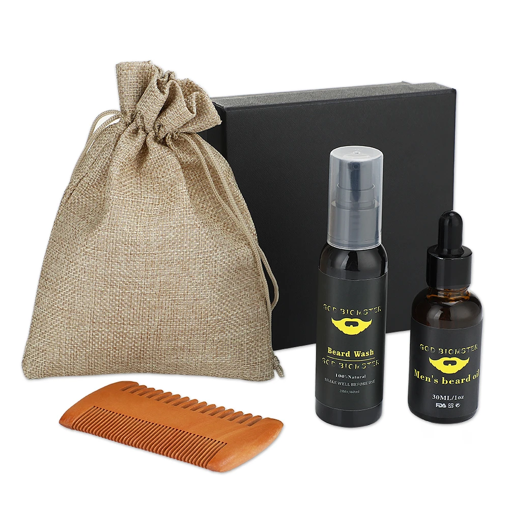 

100% Pure Natural Profession Men Beard Care Kit Moisturizing Beard Wash Beard Oil Comb Grooming Health Gift for Men