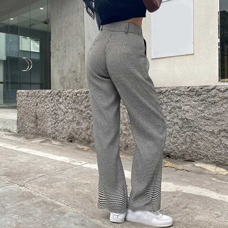 

Houndstooth Plaid Print Vintage Pants Women Casual High Waisted Long Trousers Fashion Straight Pants Capris Autumn 2021