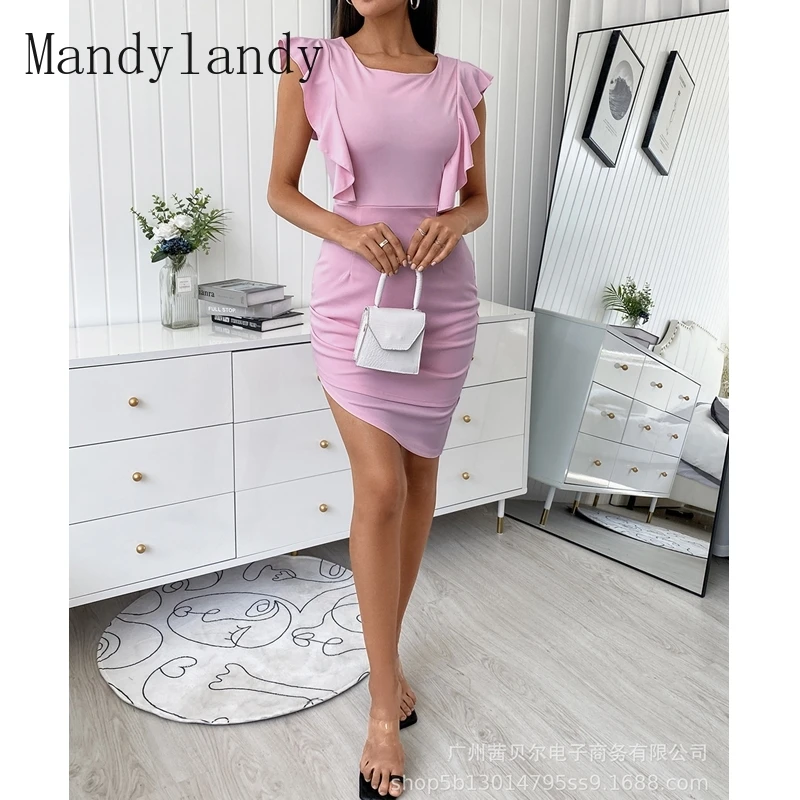 

Mandylandy Dress Summer Sleeveless O-Neck High Waist Solid Color Irregular Dress Women's Sexy Slim Fit Ruffled Stitching Dress