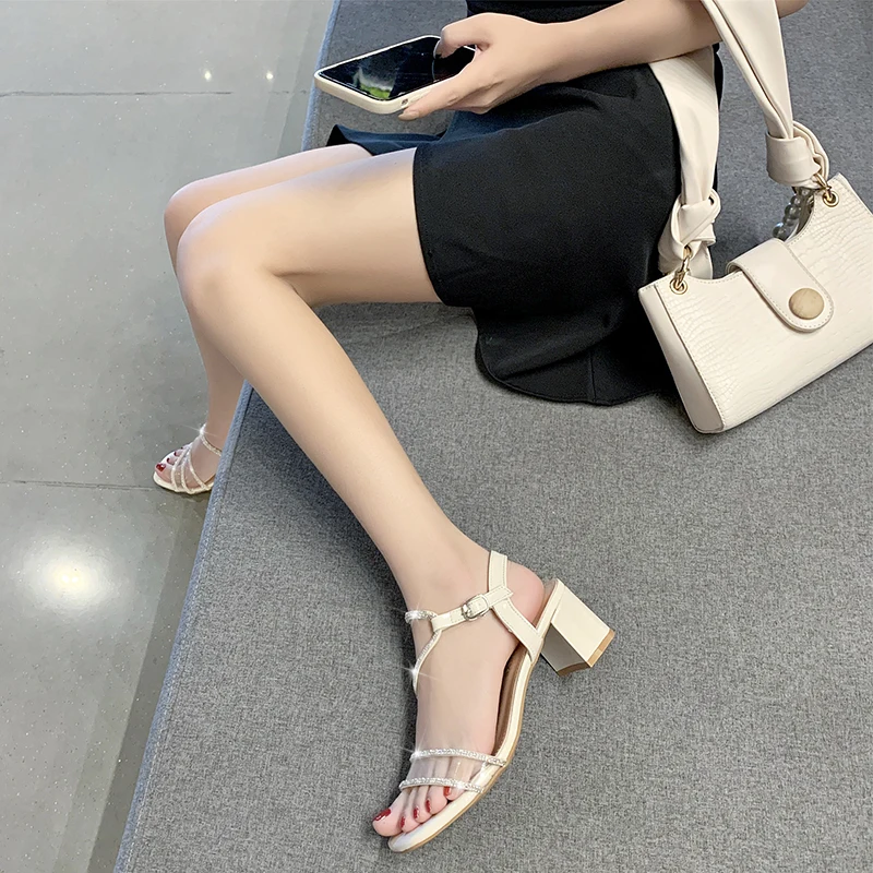 

Sandals Women Summer New Fashion Women's Sandals 2021 Rhinestone Sandals Square Heel Buckle Strap Sexy Open Toe Sandals Adult