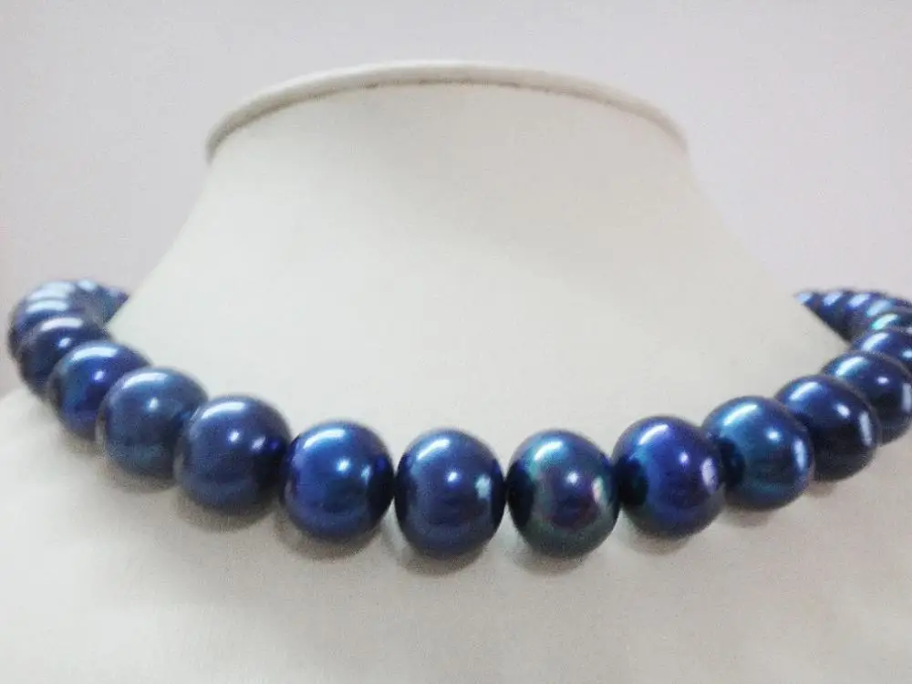 

gorgeous 11-12mm freshwater round black blue pearl necklace 18inch 925silver