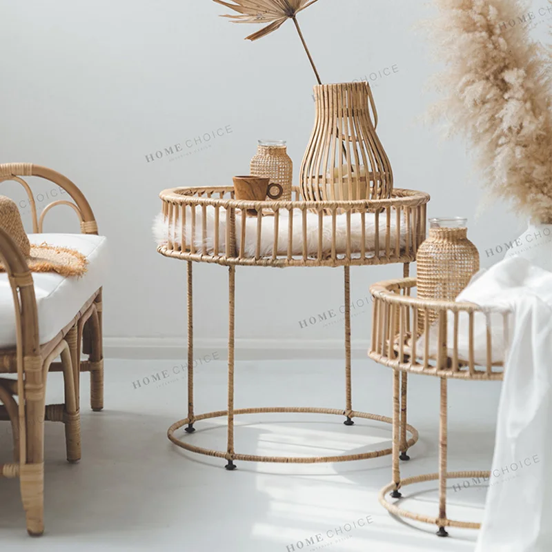 

Small rattan table set 2 Pieces/lot Creative hand-woven round rattan storage coffee table end table in living room furniture