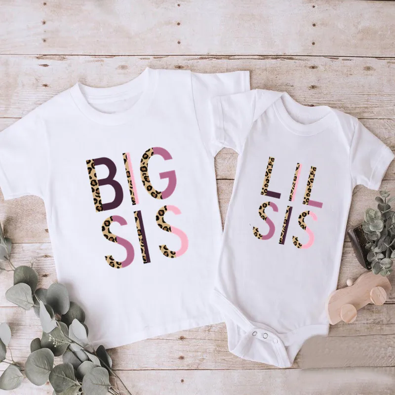 Big Sister Little Family Matching Outfits Clothes Fashion Leopard Print Kids T-shirts Girls T shirt Toddler Baby Rompers | Мать и ребенок