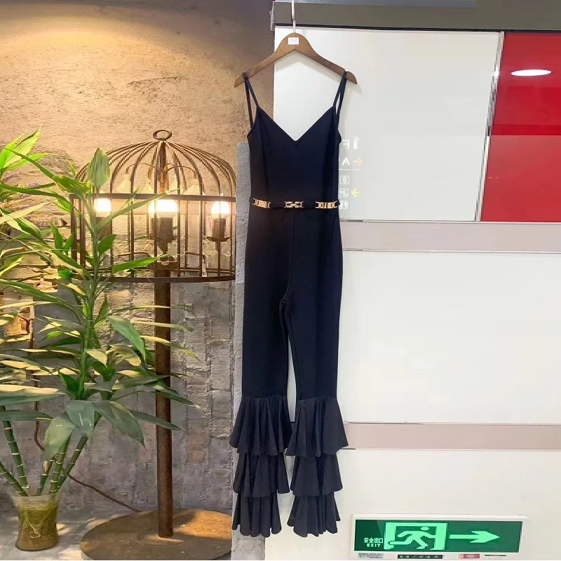 

Sexy Backless Spaghetti Strap V Neck Jumpsuits 2019 New Bandage Fashion Ruffles Metal Sashes Summer Sleeveless Bodycon Jumpsuit