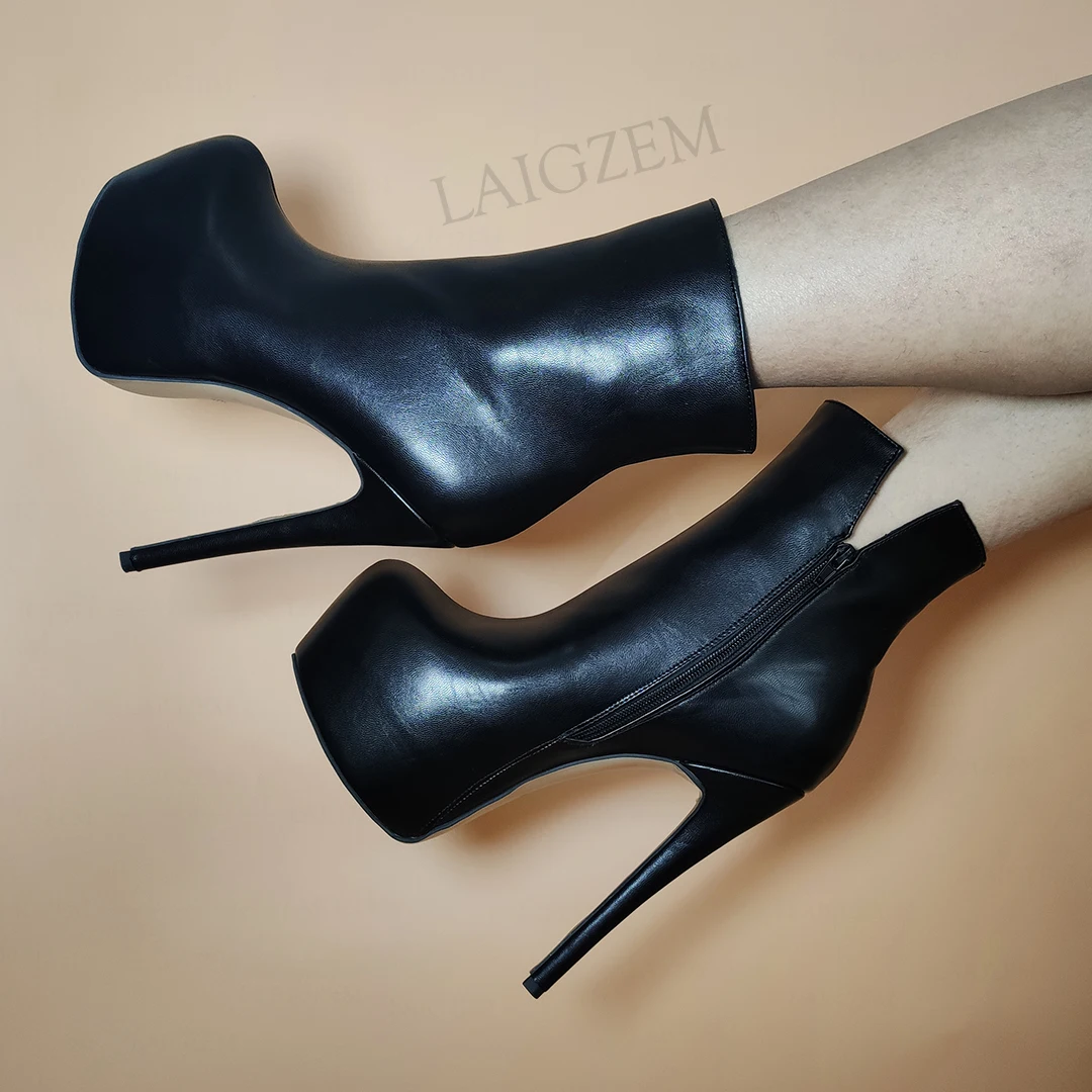 LAIGZEM Women Ankle Platform Boots Stiltto High Zip Up Faux Leather Short Booties Ladies Black Party Shoes Woman Big Size 44 52