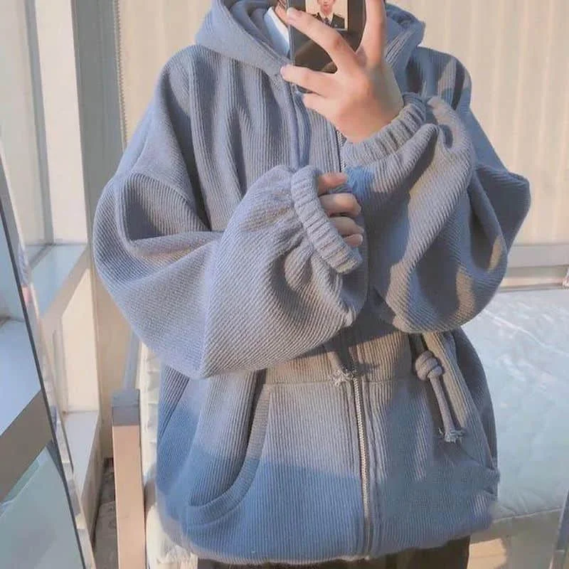 

NiceMix Autumn Winter Loose Women Hoodies Harajuku Zip Up Sweatshirt Casual Hooded Velvet Pullover Female Clothes