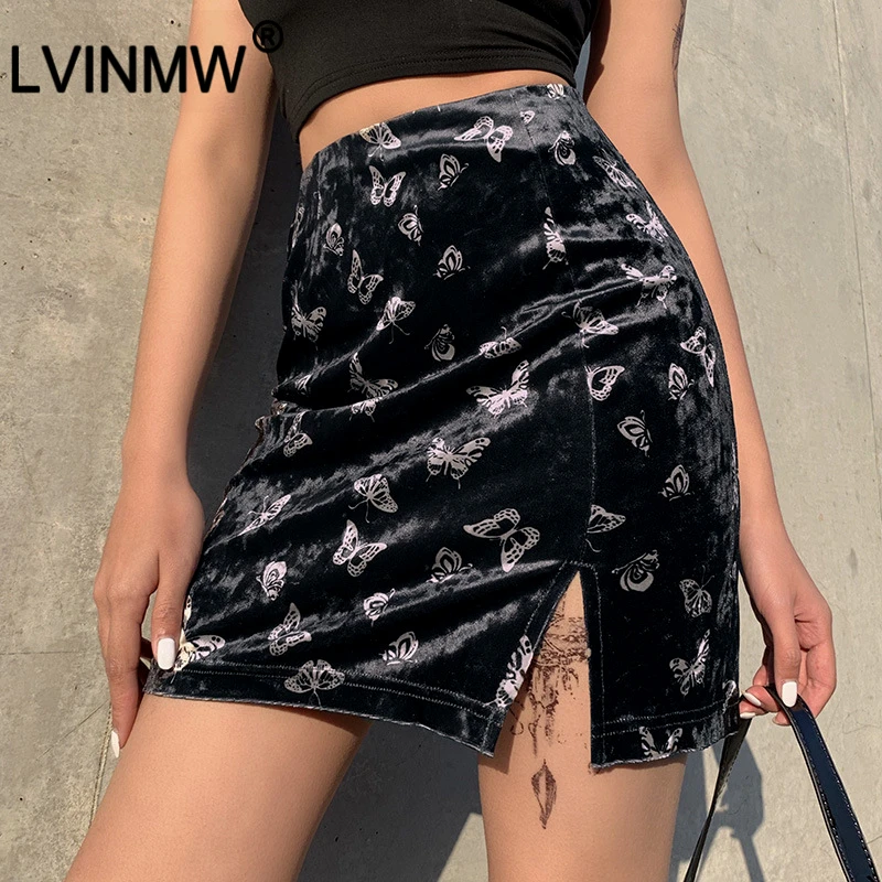 LVINMW сексуальные черные бархатные юбки с принтом бабочки 2020 весенние женские
