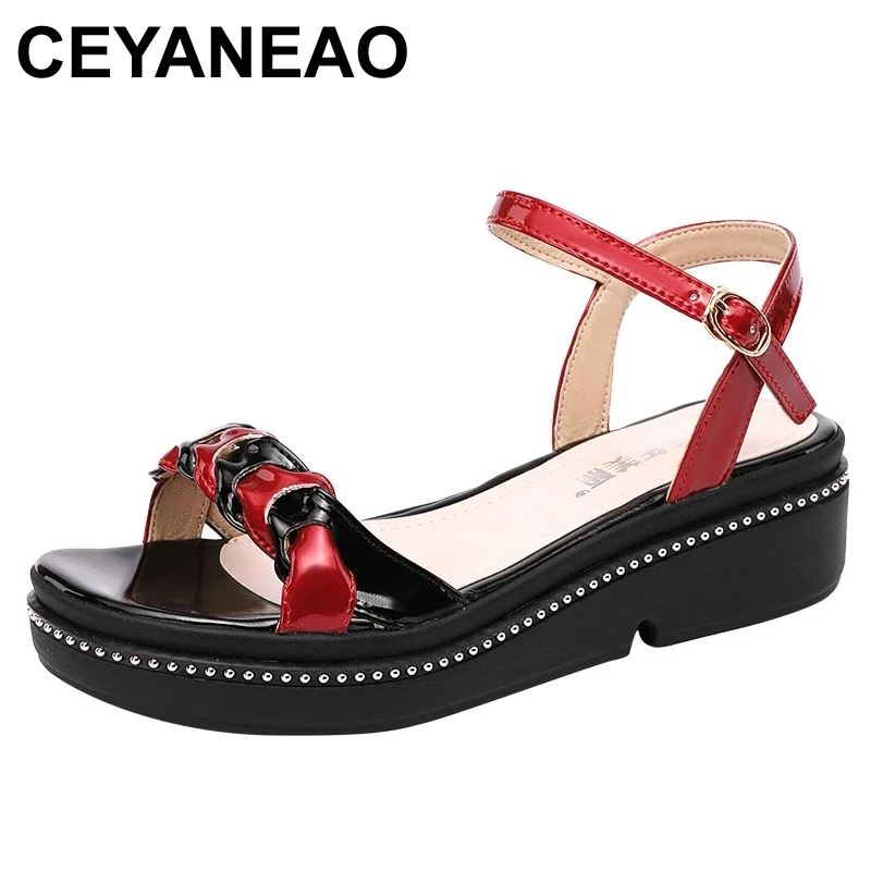 

CEYANEAO Sandals Women's Summer Shoes 2021 New Platform Patent Leather Wedge Medium Heel Rome Sandals