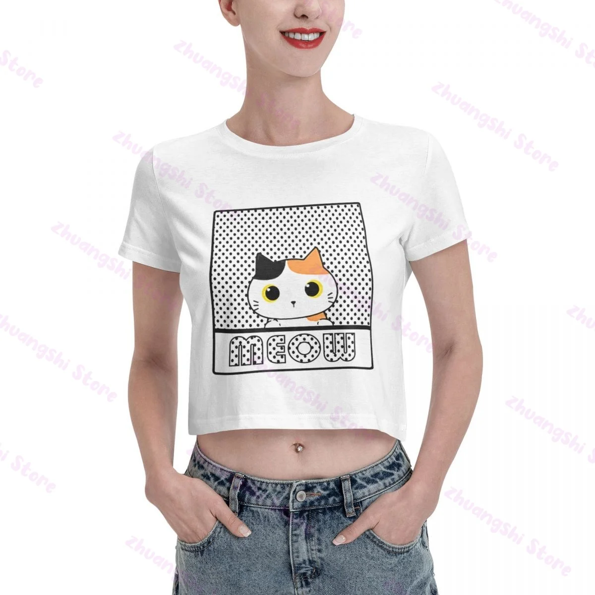 

women's Fashion Lovely Cat Meow Midriff t-shirts