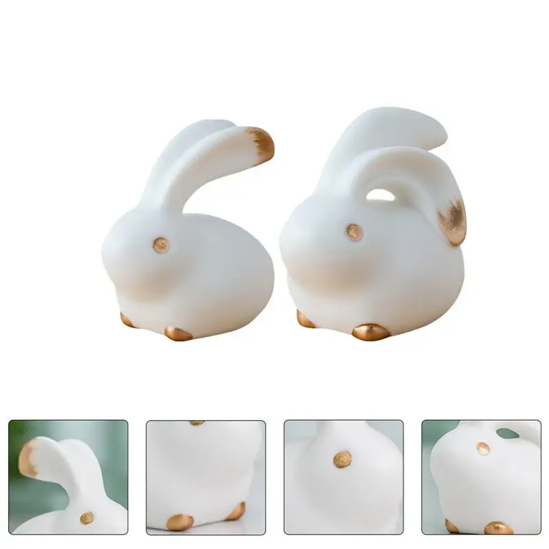 

2 Pcs Ceramic White Rabbit Adornment Cute Animal Decoration Desktop Adornment