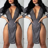 skirts spring women long sleeve deep v neck bodycon double slit sexy ladies sequin evening club short mini skirts 2020 new hot