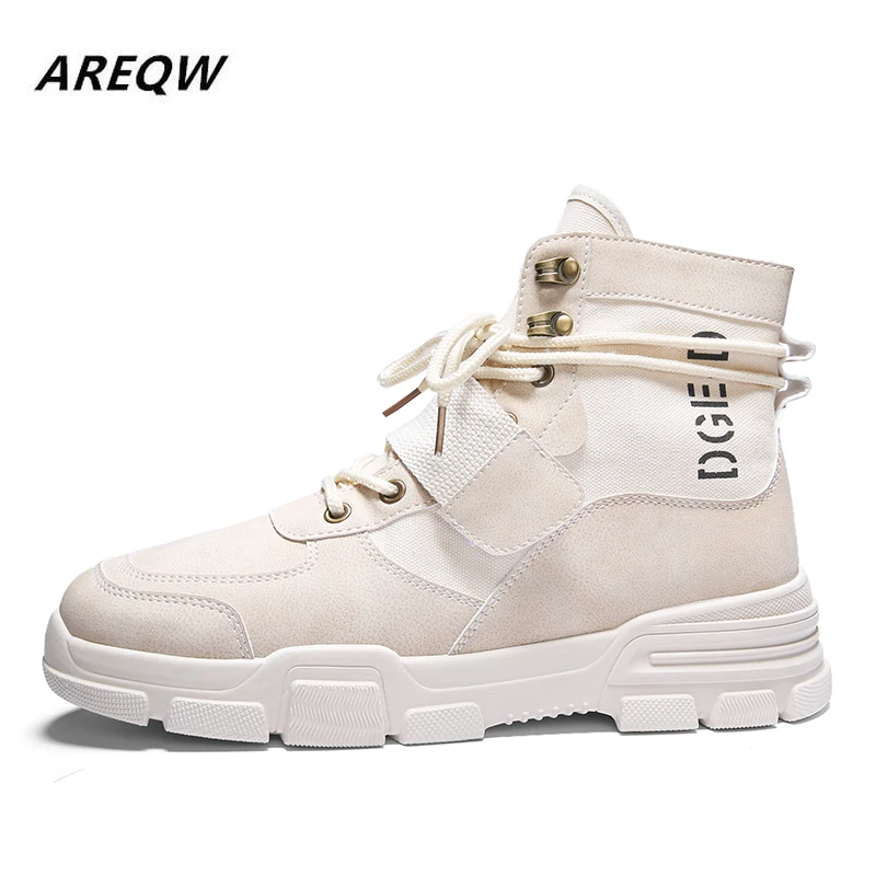 2019 г. Мужские высокие ботинки однотонные ботильоны на плоской подошве в стиле