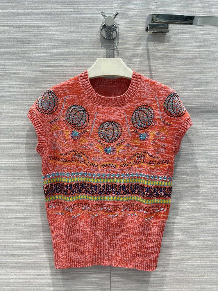 

Brand Women Luxury Knitted 2021 Early Spring Balloons Embroidered Round Neck Sleeveless Pullovers Casual Cashmere Slim Vest
