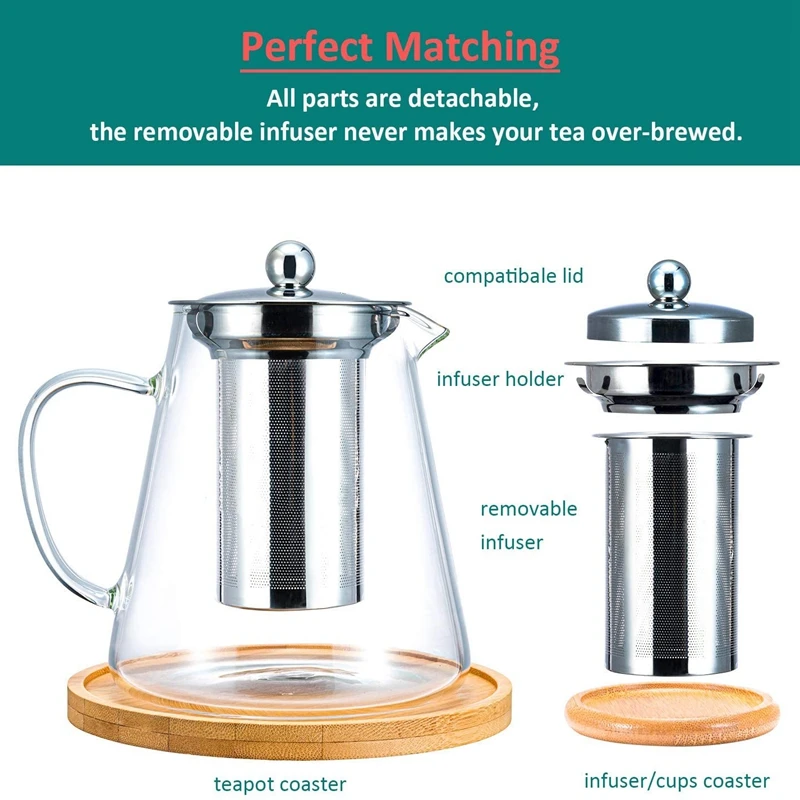 Glass Teapot with Stainless Steel Removable Infuser for Loose Leaf Tea Bonus Kettle & Coaster 950Ml | Дом и сад