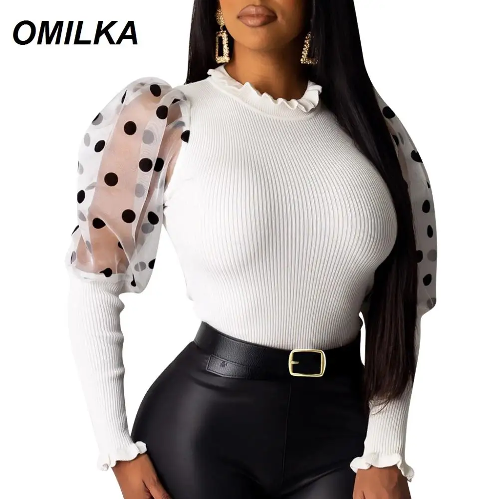 

Женская трикотажная футболка в горошек OMILKA, черная эластичная облегающая футболка с рукавами-фонариками и круглым вырезом, осень 2020