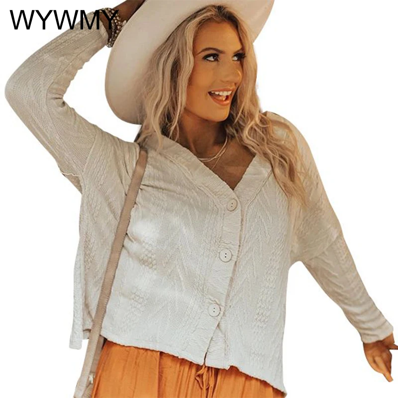 

WYWMY Autumn Winter Knitted Sweater Women High Quality Jacquard Fabric Sweater Cardigan V Neck Long Sleeve Short Sweater Coat