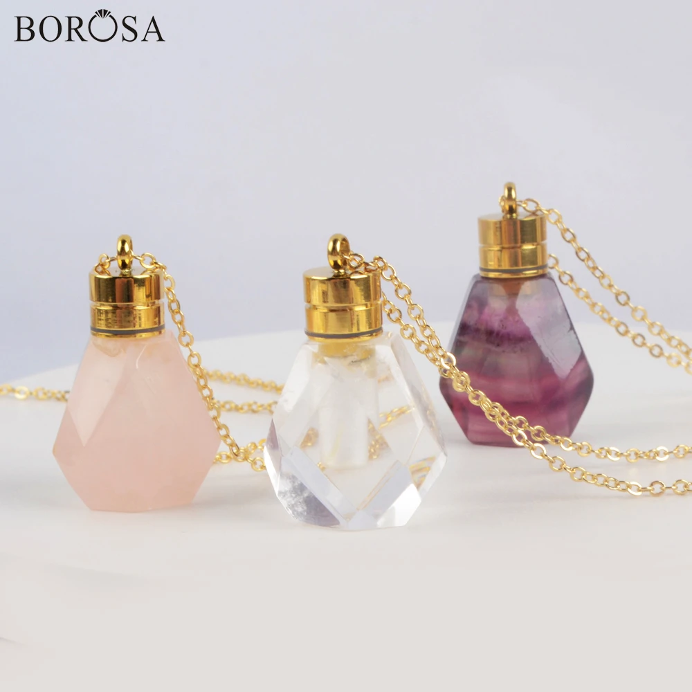 

BOROSA Gold Plating Natural Stones Perfume Bottle Charm Pendant Necklaces for Women Gems Pendant Diffuser Gold Necklaces G1979
